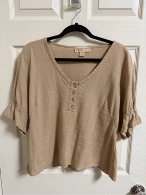 Michael Kors Tan V-Neck  Ruffle Sleeve Top